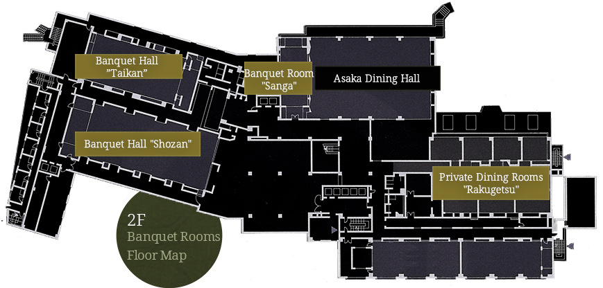 The image is a floor map of the 2nd floor banquet rooms, showing the locations of Banquet Hall “Taikan,” Banquet Hall “Shozan,” Banquet Room “Sanga,” Asaka Dining Hall, and Private Dining Rooms “Rakugetsu.”
